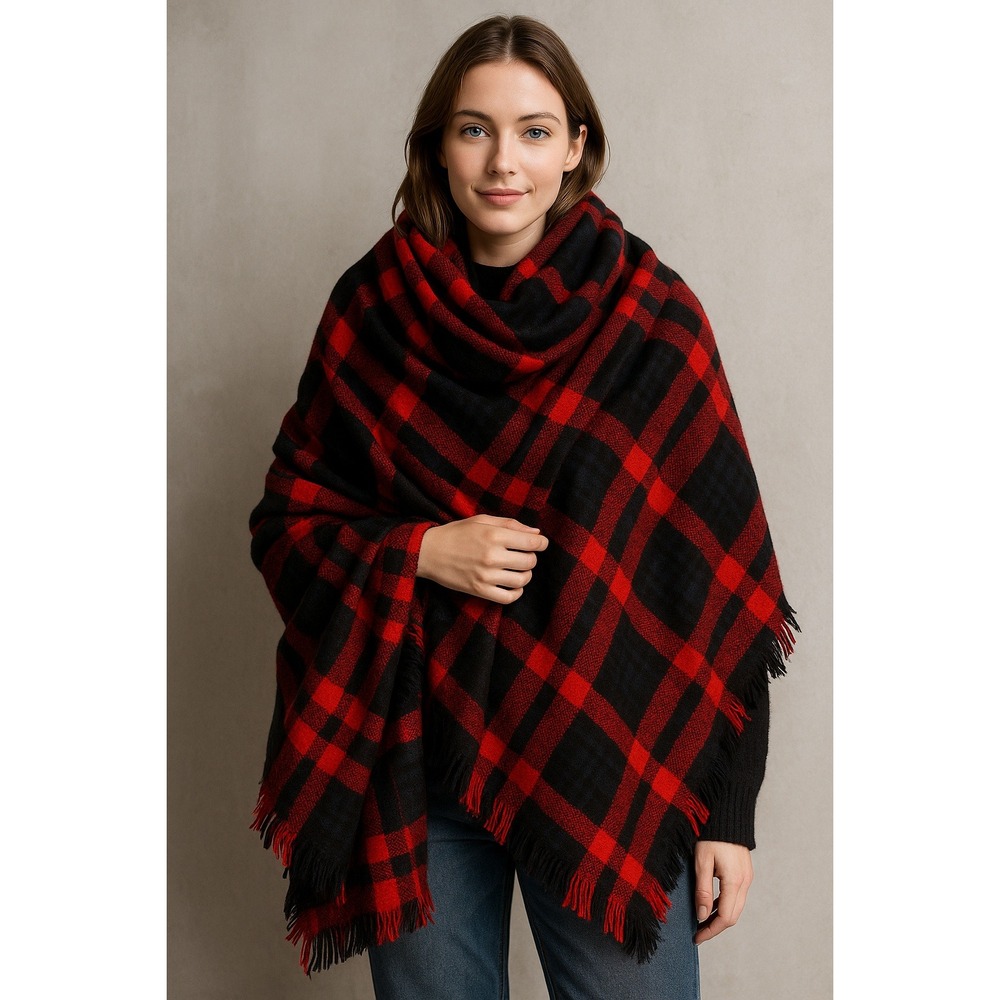 Womens Red Black Plaid Blanket Scarf Fringe Oversized Wrap Shawl